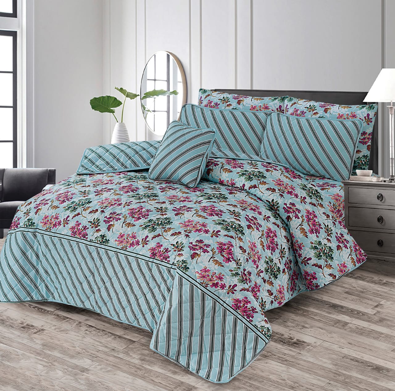 Haven Bloom Aqua Floral Comforter – 6 Pcs